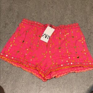 Zara Bright Pink Embellished Scalloped Hem Shorts